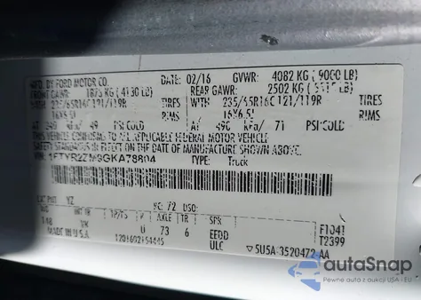 2016 Ford Transit-250 z USA, uszkodzony, nr VIN 1FTYR2ZM9GKA78804